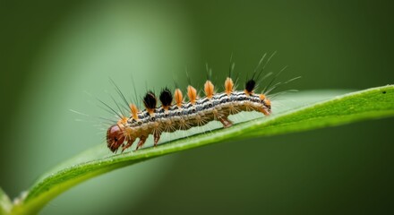 Caterpillar on Leaf Closeup Macro Shot.