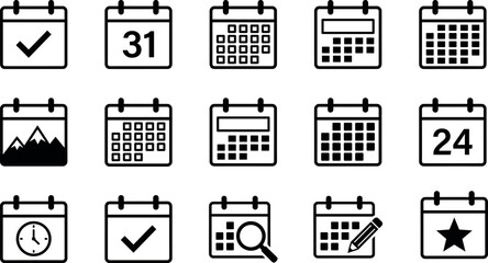 Calendar Icon Set with Schedule Date Planner Appointment Reminder Agenda Time Management Event Organizer Month Year and Deadline Symbols
