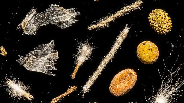 A captivating extreme close-up of diverse airborne particles, showcasing the intricate and often overlooked microscopic world of dust, fibers, and natural debris against a dark background