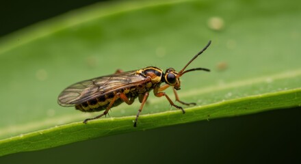 Naklejka premium Closeup of a small wasp on green leaf.