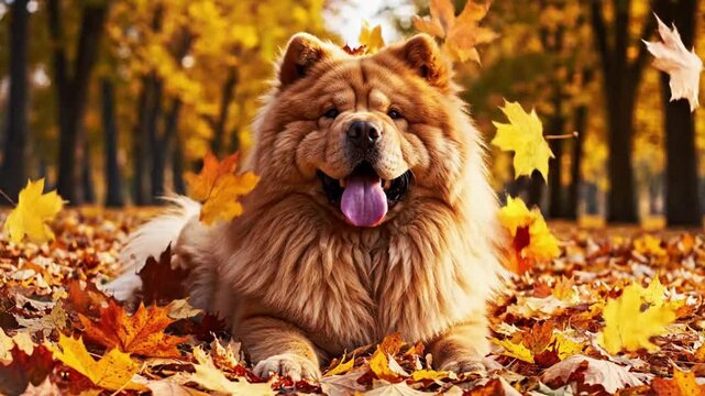 Happy Chow Chow dog enjoying a beautiful autumn day, lying contentedly amidst a vibrant carpet of golden leaves in a park.