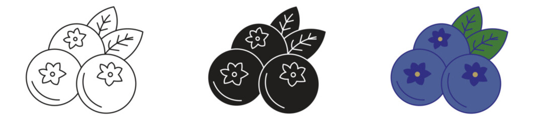 Blueberry Icon Set. Berry Fruit Bilberry Vector Symbol. Vector Illustration.