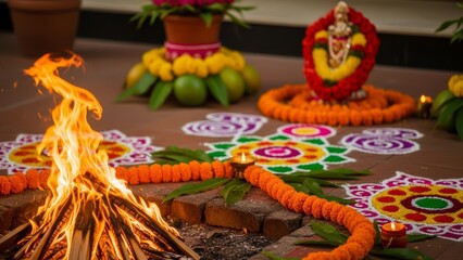 Fire pit and rangoli decorations for religious ceremony on a terrace