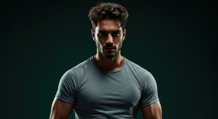 Confident young man in gray t-shirt posing.