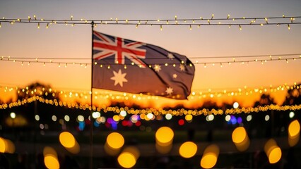 Australian flag waving at sunset behind string lights