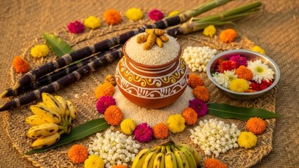 Fototapeta premium Traditional Pongal harvest festival setup with pot of rice, sugarcane, bananas, and flowers.