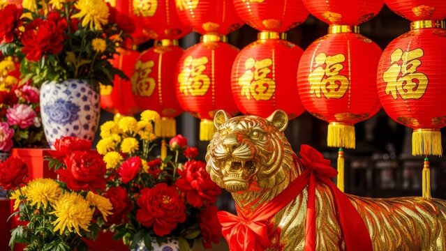 Golden tiger statue, red flowers, and Chinese lanterns at a celebration.