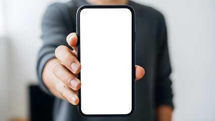 Person holding modern smartphone mockup with blank white screen for content display