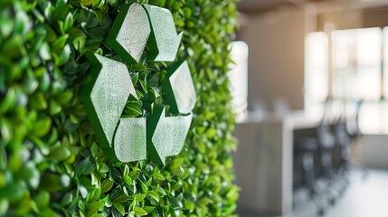 Modern office with green recycle symbol highlights team meeting and eco friendly company culture