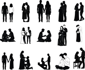 Collection of black silhouettes depicting various human interactions and relationships