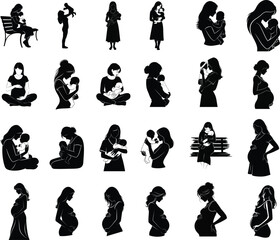 Collection of female silhouettes in various poses and activities