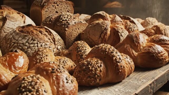 An inviting display of various freshly baked bread and pastries, including loaves and braided rolls topped with seeds, on a rustic wooden surface.