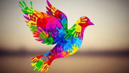 Obraz premium Colorful handprint dove flying against blurred background