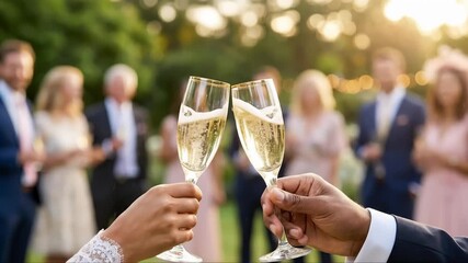 Diverse Couple Clinking Champagne Glasses to Celebrate Wedding Outdoors