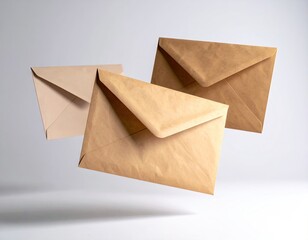 Three floating paper envelopes in varying shades of brown, isolated