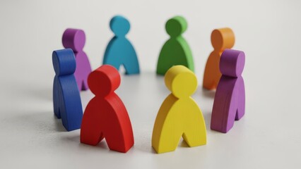 Colorful wooden figures forming a circle on a white background