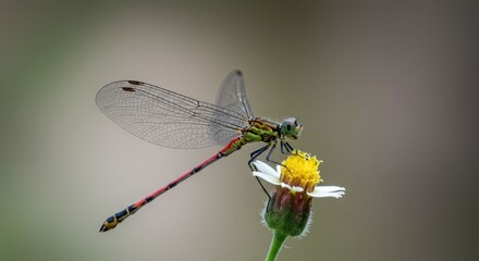 Dragonfly perched on white flower closeup.