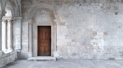 Wooden door in stone wall with arches in an old building