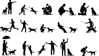 Silhouette illustrations of people interacting with dogs in various activities