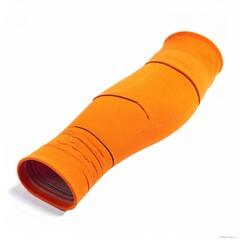 Orange compression sleeve, bent, on a white background, close-up, for sports