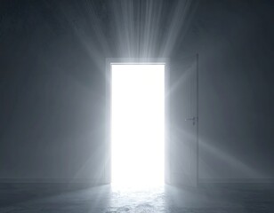 Open door radiates bright light, contrasting with dark, textured walls