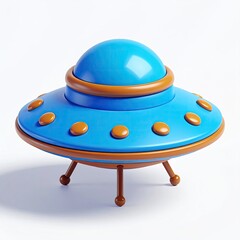 A cartoon-like blue and brown spacecraft with landing legs