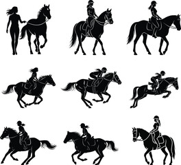 Equestrian silhouettes in various horse riding positions