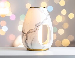 Sleek, marble-patterned lamp with a gold base and accents against bokeh