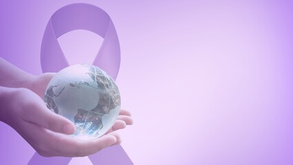 Hands holding a globe with a lavender cancer awareness ribbon