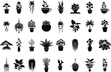 Collection of various potted plants and cacti silhouettes