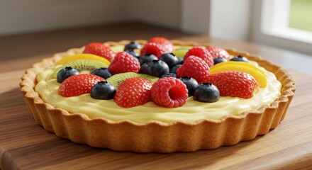 Fresh Fruit Tart on Wooden Table.
