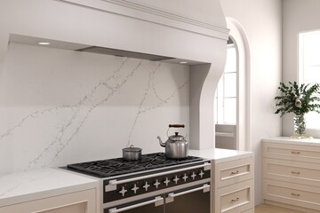 Minimalist kitchen design with quartz worktop with full height backsplash, matte cabinets, and subtle plant decor, in-built cooktop. 3D Rendering. Mockup