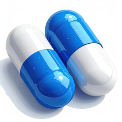 Two pharmaceutical capsules, white & blue, on a bright white surface