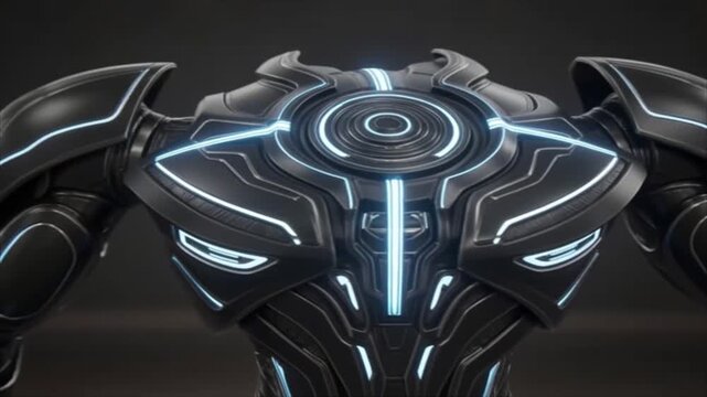 Futuristic black and blue robotic armor with intricate glowing patterns and circular in close-up view, advanced technology details, professional commercial concept
