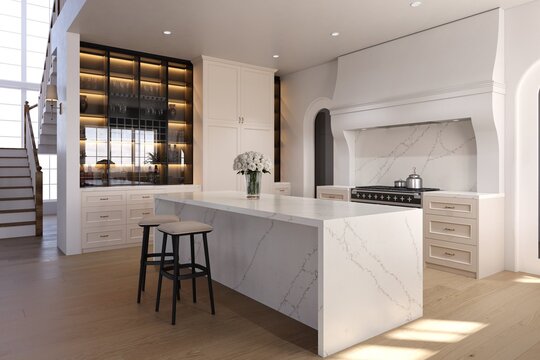 Modern kitchen with white quartz countertop center island, pendant lights, and sleek cabinetry creating a cozy cooking space, glass cabinet. 3D Rendering. Mockup