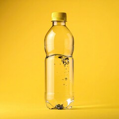Clear bottled liquid with yellow cap against bright yellow background