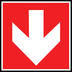 Red square direction sign with white arrow pointing down, navigation or instruction floor marker vector