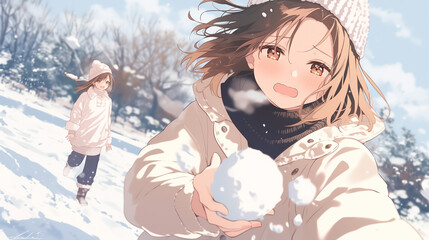 雪合戦を楽しむアニメ美少女2人　冬の雪原ではしゃぐイラスト
