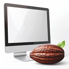 Computer monitor beside a cocoa pod with a single green leaf