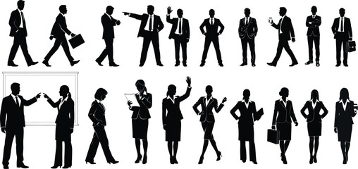Silhouettes of business professionals in various poses and actions