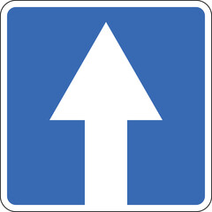 One way traffic sign, blue square with white arrow pointing straight ahead, directional road symbol