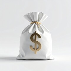 White drawstring bag with gold dollar sign on a white background