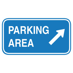 Blue parking area sign with directional arrow, public transport and vehicle location guidance sign