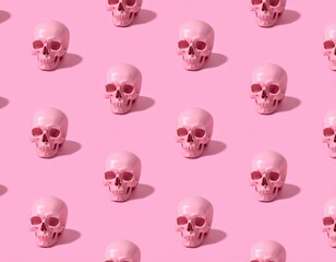 Repeating pattern of pink skulls casts shadows on a pink background