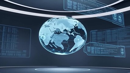 Transparent digital globe with network connections and glowing nodes on a dark futuristic background, advanced technology details, professional commercial concept - Powered by Adobe