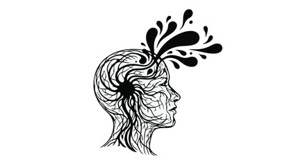 Creative explosion of ideas from a stylized human head, symbolizing imagination and inspiration.