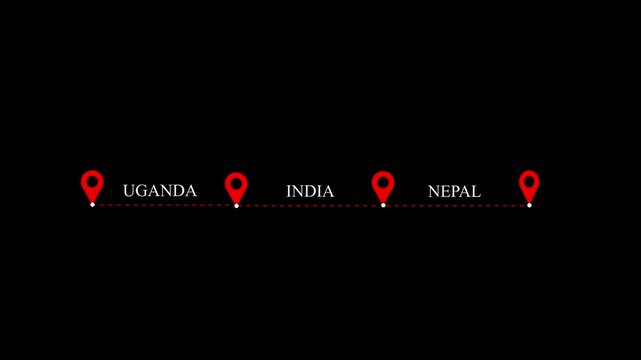 South Asia Route Map with Connected Location Pins on Dark Interface Uganda India Nepal animation on the black background.