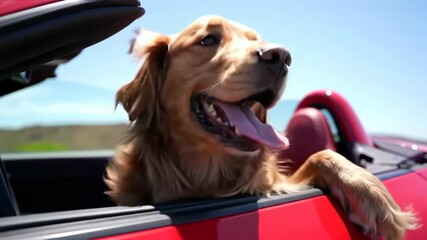 Dog joyfully rides in car under open sky, tongue out, paw on the door
