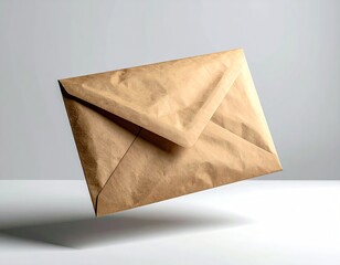 Tan paper envelope floating in mid-air against a neutral background