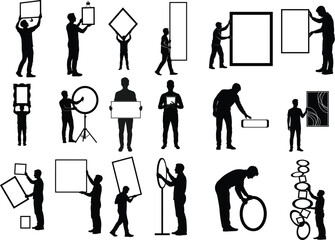 Silhouette illustrations of people handling various picture frames and artwork
